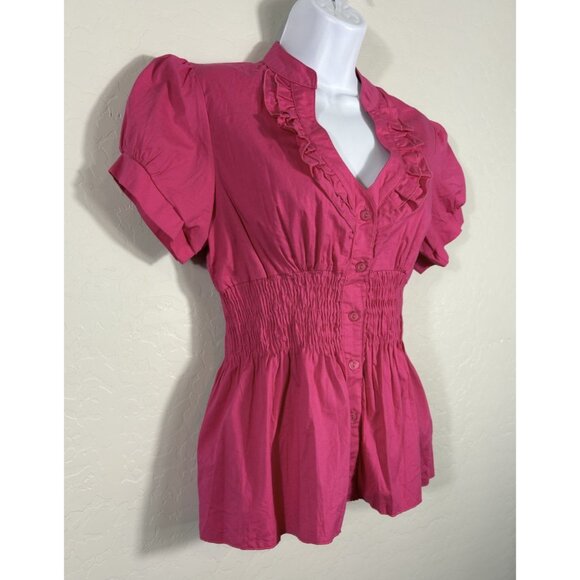 Y2K Vintage Pink Rare Jung Kim USA Babydoll Cinch Waist Top 90’s Button Down - Picture 2 of 10